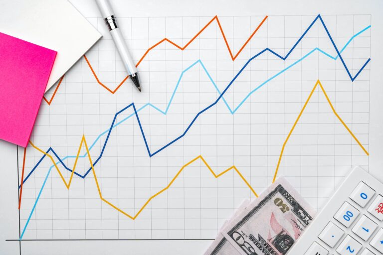 Office workplace table with report pages with financial data